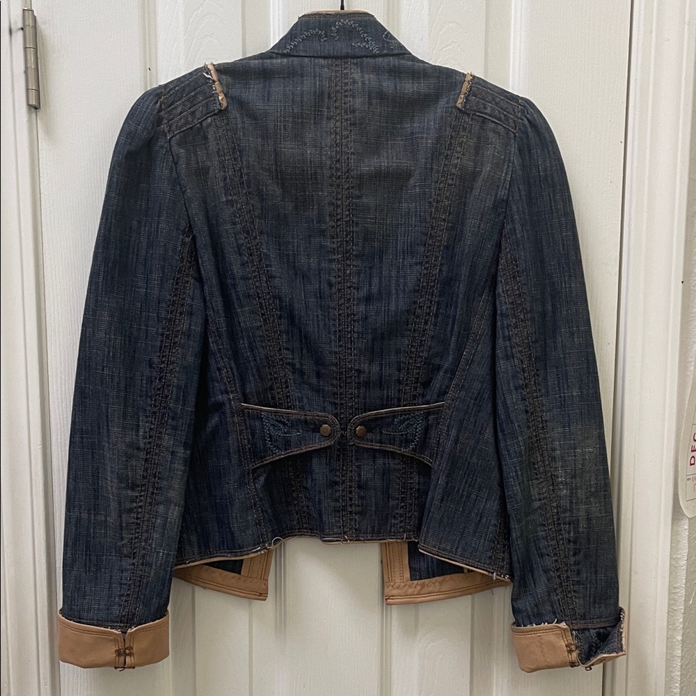 Elie Tahari Embroidered Denim Jacket with Tan Leather Accents - Picture 5 of 7
